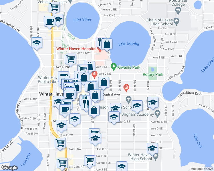 map of restaurants, bars, coffee shops, grocery stores, and more near 230 Avenue A Northeast in Winter Haven