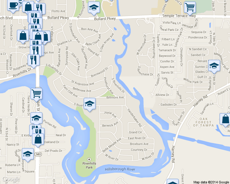 map of restaurants, bars, coffee shops, grocery stores, and more near 436 Pinehurst Avenue in Tampa