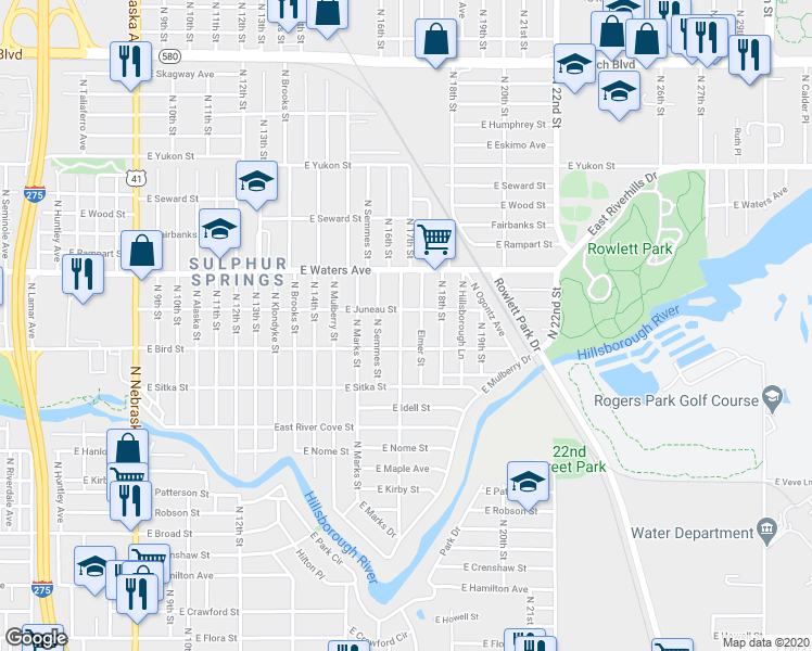 map of restaurants, bars, coffee shops, grocery stores, and more near 8208 North Elmer Street in Tampa