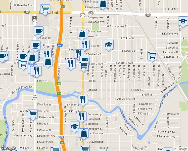 map of restaurants, bars, coffee shops, grocery stores, and more near 8206 North Alaska Street in Tampa