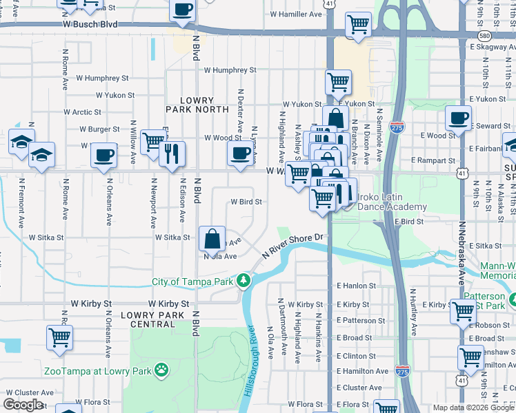 map of restaurants, bars, coffee shops, grocery stores, and more near 8115 North Lynn Avenue in Tampa