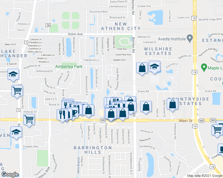 map of restaurants, bars, coffee shops, grocery stores, and more near 1430 Heather Ridge Boulevard in Dunedin