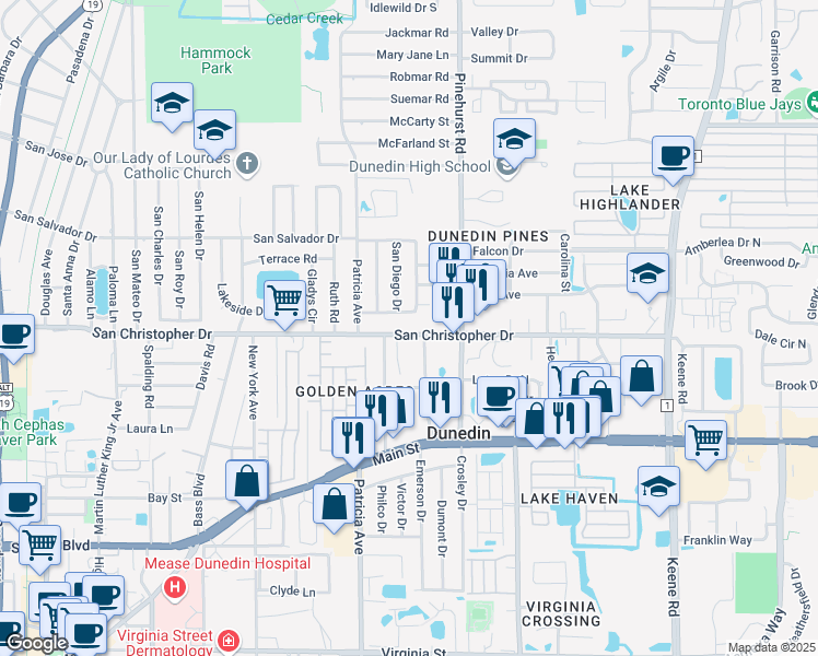 map of restaurants, bars, coffee shops, grocery stores, and more near 1391 Lady Marion Lane in Dunedin