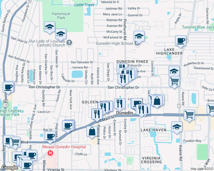 map of restaurants, bars, coffee shops, grocery stores, and more near 1391 Robin Hood Lane in Dunedin