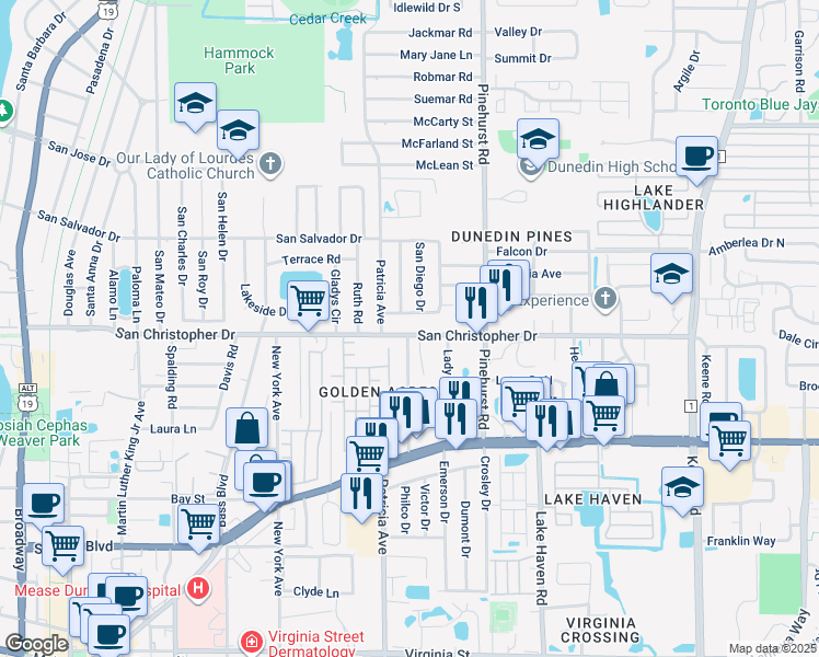 map of restaurants, bars, coffee shops, grocery stores, and more near 1391 Robin Hood Lane in Dunedin