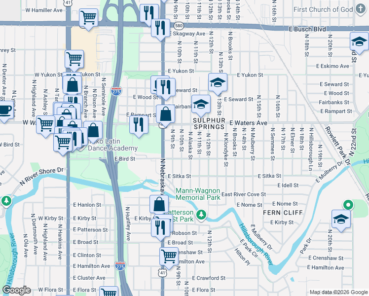 map of restaurants, bars, coffee shops, grocery stores, and more near 8206 North Alaska Street in Tampa