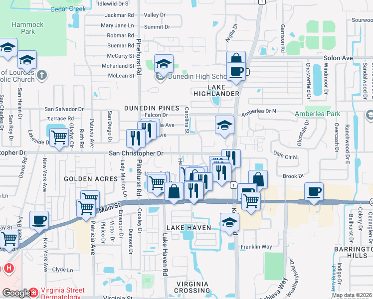 map of restaurants, bars, coffee shops, grocery stores, and more near 1466 San Christopher Drive in Dunedin