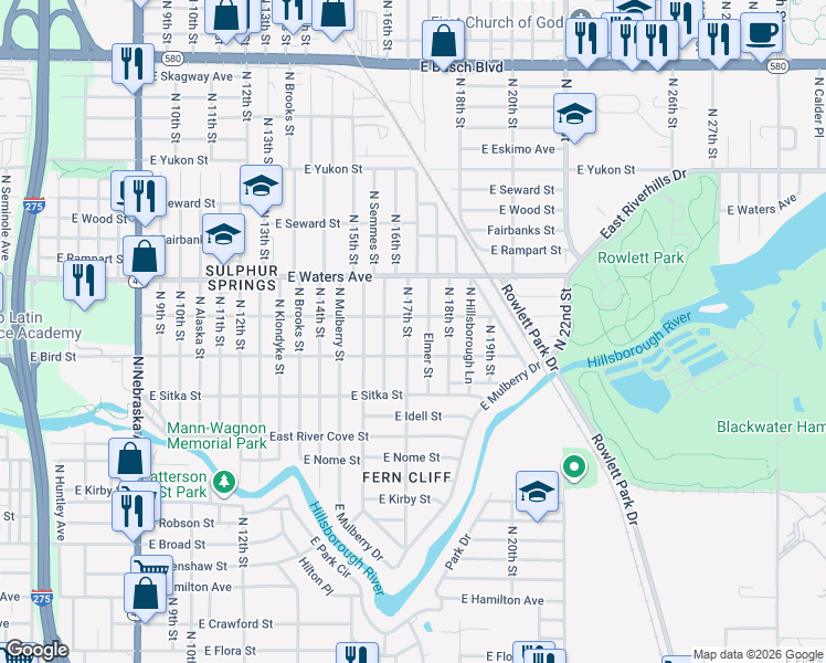 map of restaurants, bars, coffee shops, grocery stores, and more near 8208 North Elmer Street in Tampa