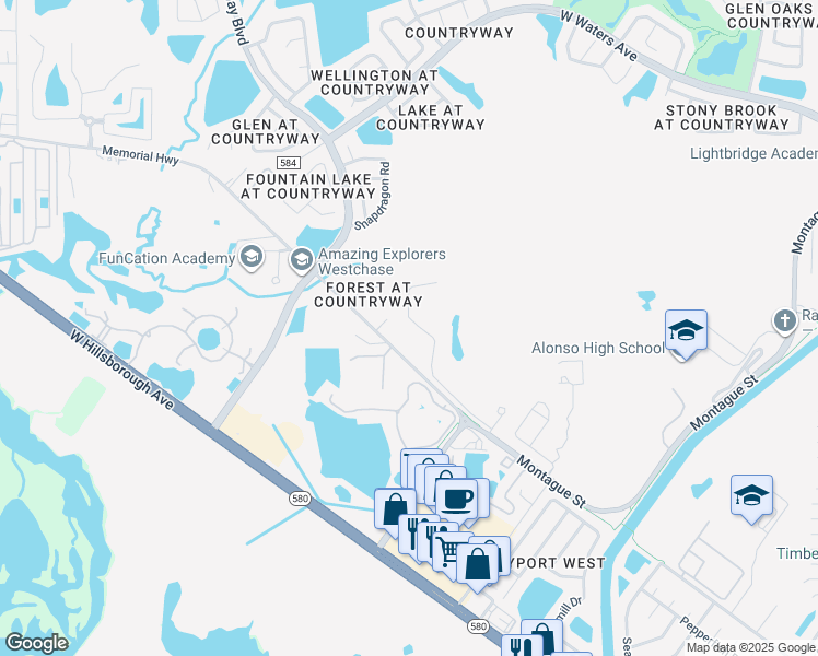 map of restaurants, bars, coffee shops, grocery stores, and more near 11504 Quiet Forest Drive in Tampa