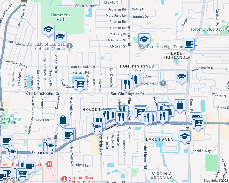 map of restaurants, bars, coffee shops, grocery stores, and more near 1391 Lady Marion Lane in Dunedin