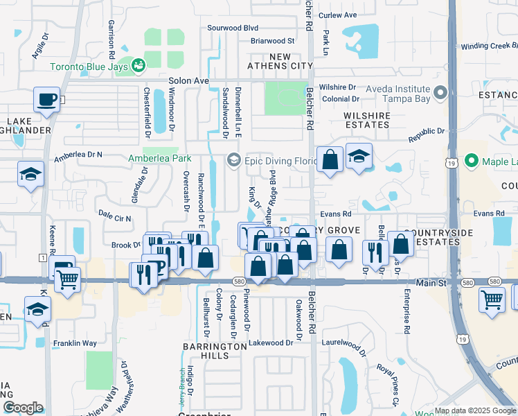 map of restaurants, bars, coffee shops, grocery stores, and more near 1430 Heather Ridge Boulevard in Dunedin