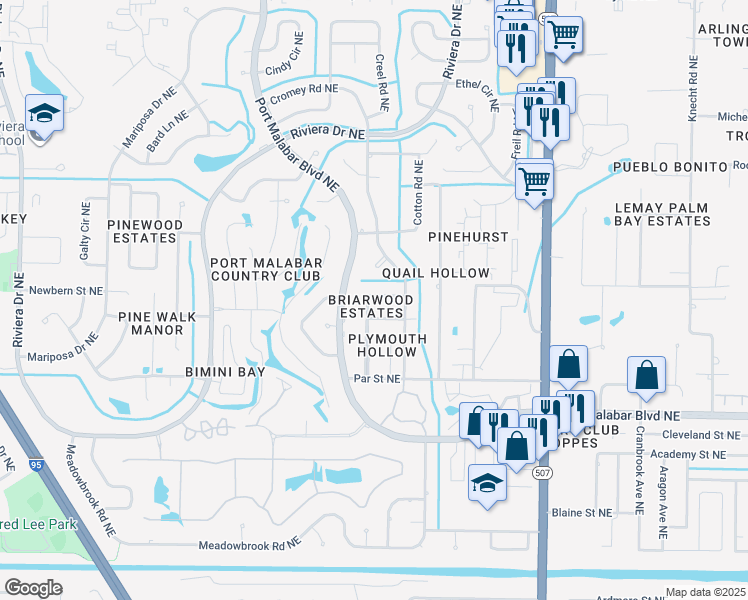 map of restaurants, bars, coffee shops, grocery stores, and more near 1501 Flag Drive Northeast in Palm Bay
