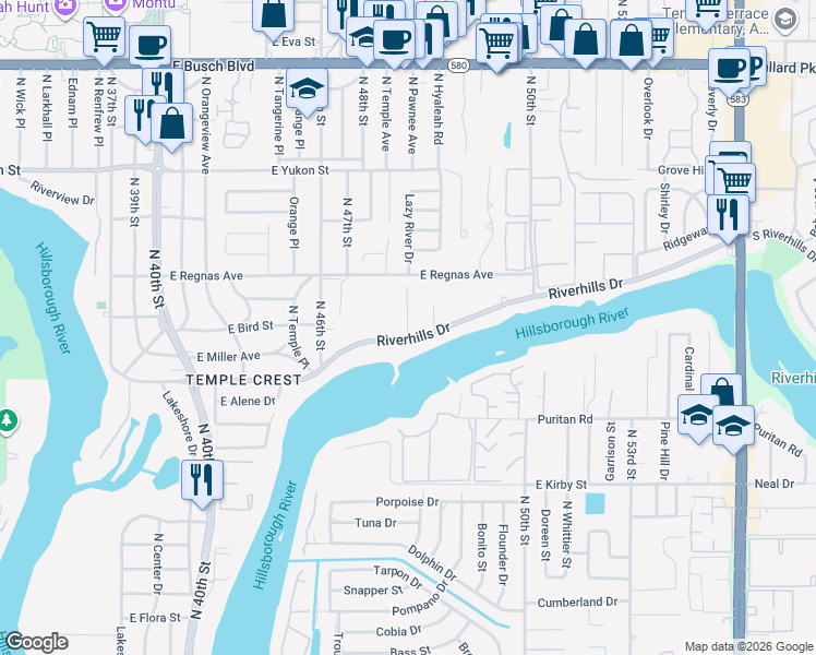 map of restaurants, bars, coffee shops, grocery stores, and more near 4702 Riverhills Drive in Tampa