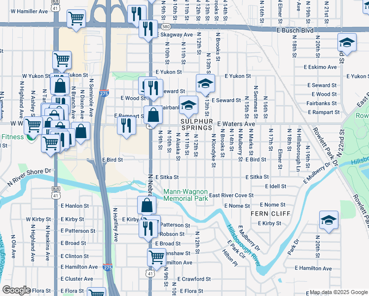 map of restaurants, bars, coffee shops, grocery stores, and more near 8206 North Alaska Street in Tampa