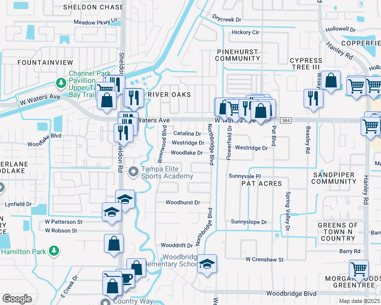 map of restaurants, bars, coffee shops, grocery stores, and more near Woodlake Drive in Town 'n' Country