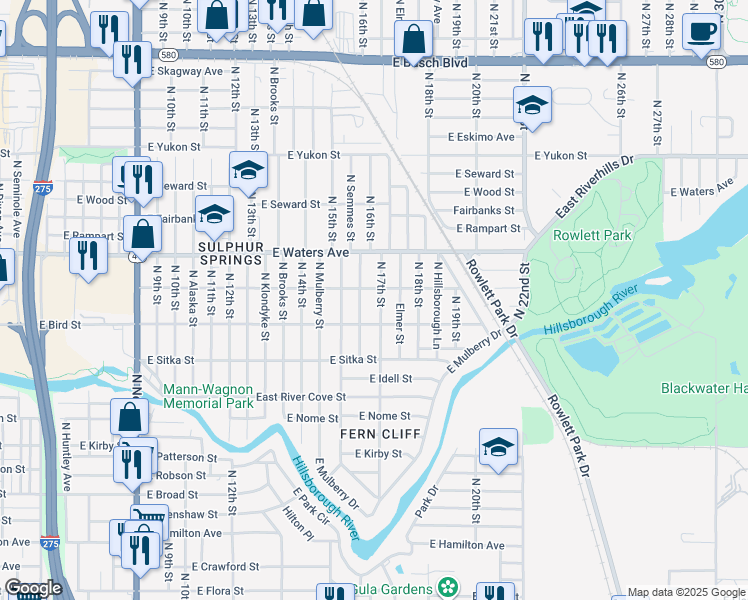 map of restaurants, bars, coffee shops, grocery stores, and more near 8205 North Semmes Street in Tampa