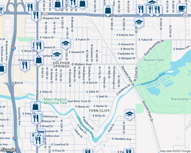 map of restaurants, bars, coffee shops, grocery stores, and more near 8205 North Semmes Street in Tampa