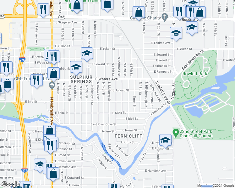 map of restaurants, bars, coffee shops, grocery stores, and more near 8207 North Mulberry Street in Tampa