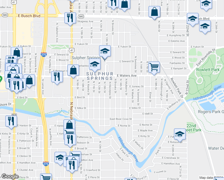 map of restaurants, bars, coffee shops, grocery stores, and more near 8206 North Klondyke Street in Tampa