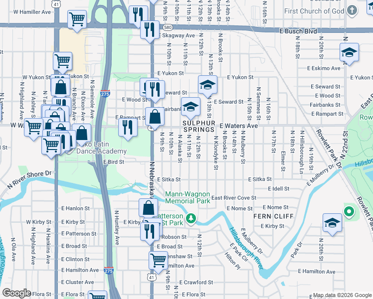 map of restaurants, bars, coffee shops, grocery stores, and more near 8206 North Alaska Street in Tampa