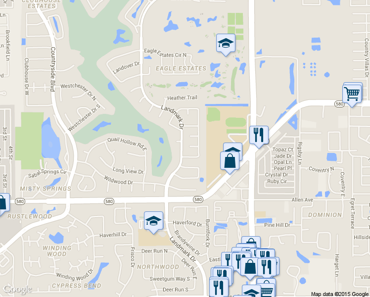map of restaurants, bars, coffee shops, grocery stores, and more near 2964 Meadow Oak Drive North in Clearwater