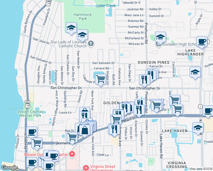 map of restaurants, bars, coffee shops, grocery stores, and more near 795 San Christopher Drive in Dunedin