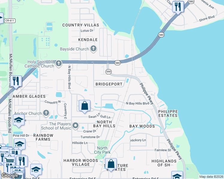 map of restaurants, bars, coffee shops, grocery stores, and more near 2116 Flamingo Place in Safety Harbor