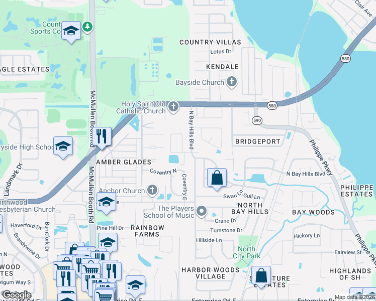 map of restaurants, bars, coffee shops, grocery stores, and more near 4111 North Bay Hills Boulevard in Safety Harbor