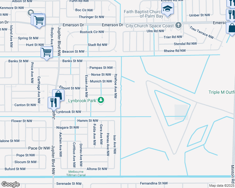 map of restaurants, bars, coffee shops, grocery stores, and more near 1031 Itzehoe Avenue Northwest in Palm Bay