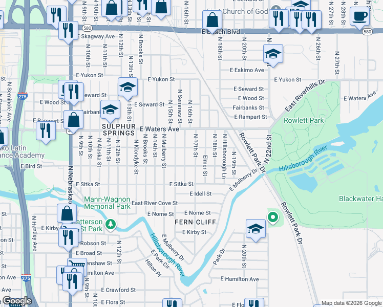map of restaurants, bars, coffee shops, grocery stores, and more near 8205 North Semmes Street in Tampa