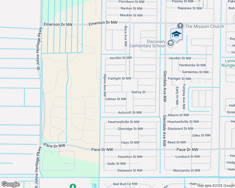 map of restaurants, bars, coffee shops, grocery stores, and more near 1861 Calmar Street Northwest in Palm Bay