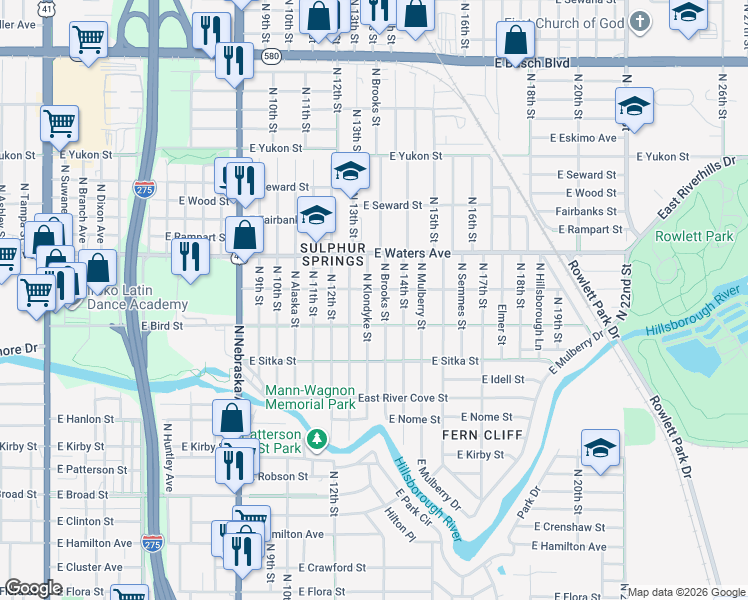 map of restaurants, bars, coffee shops, grocery stores, and more near 8206 North Klondyke Street in Tampa