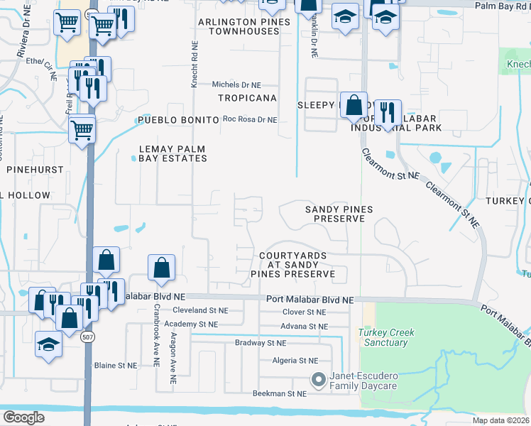 map of restaurants, bars, coffee shops, grocery stores, and more near 1051 Goldenrod Circle Northeast in Palm Bay