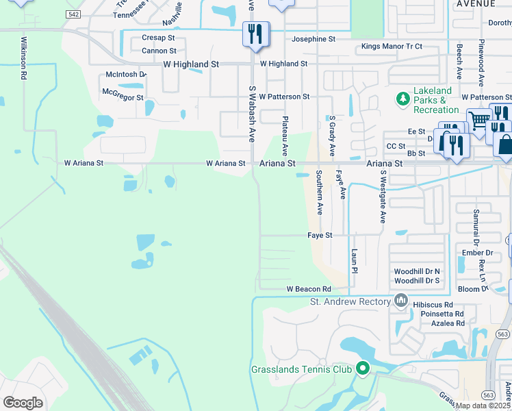 map of restaurants, bars, coffee shops, grocery stores, and more near 1417 South Wabash Avenue in Lakeland