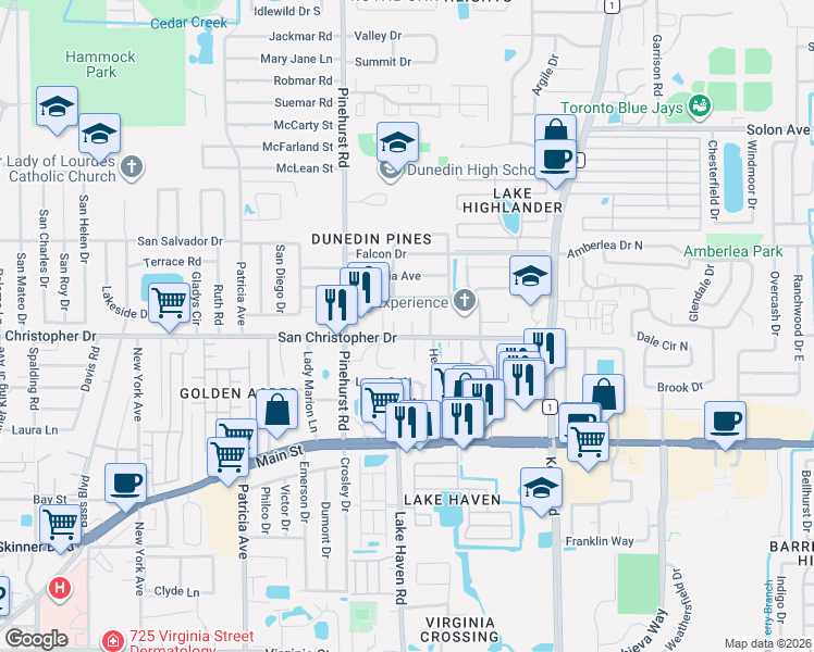 map of restaurants, bars, coffee shops, grocery stores, and more near 1495 Fresh Drive in Dunedin