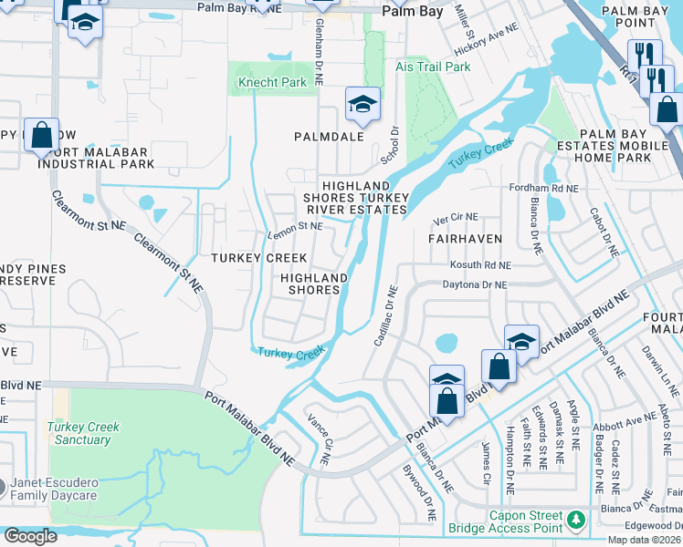 map of restaurants, bars, coffee shops, grocery stores, and more near 1061 Sunswept Road Northeast in Palm Bay