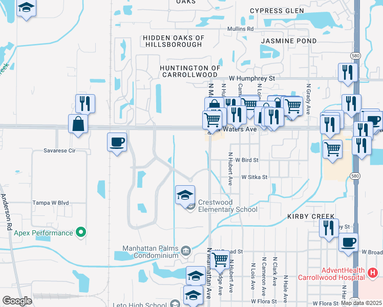 map of restaurants, bars, coffee shops, grocery stores, and more near 4503 Woodland Corporate Boulevard in Tampa