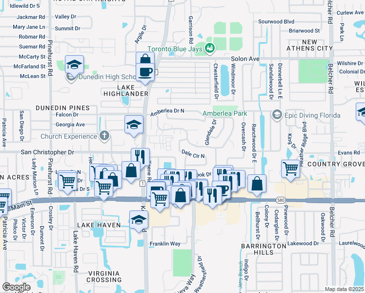 map of restaurants, bars, coffee shops, grocery stores, and more near 1285 Dale Circle West in Dunedin