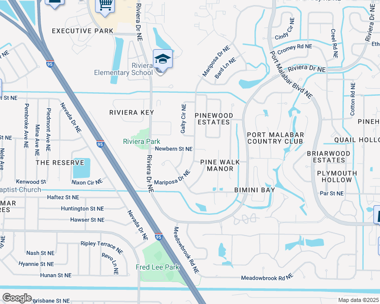 map of restaurants, bars, coffee shops, grocery stores, and more near 1096 Newbern Street Northeast in Palm Bay