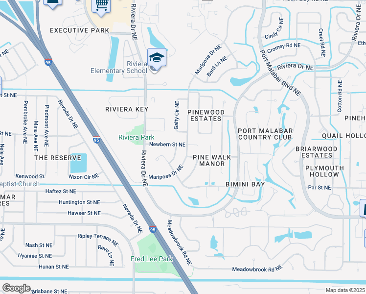 map of restaurants, bars, coffee shops, grocery stores, and more near 1096 Newbern Street Northeast in Palm Bay