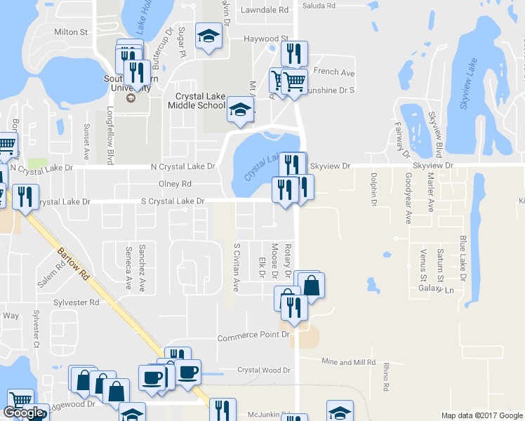 map of restaurants, bars, coffee shops, grocery stores, and more near 1615 Hummingbird Lane in Lakeland