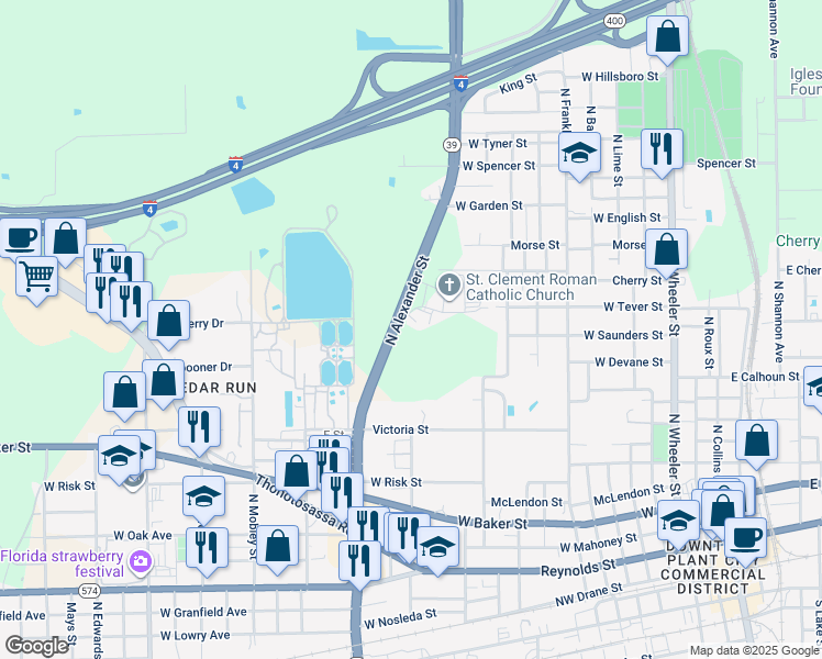 map of restaurants, bars, coffee shops, grocery stores, and more near 1104 N Alexander St in Plant City