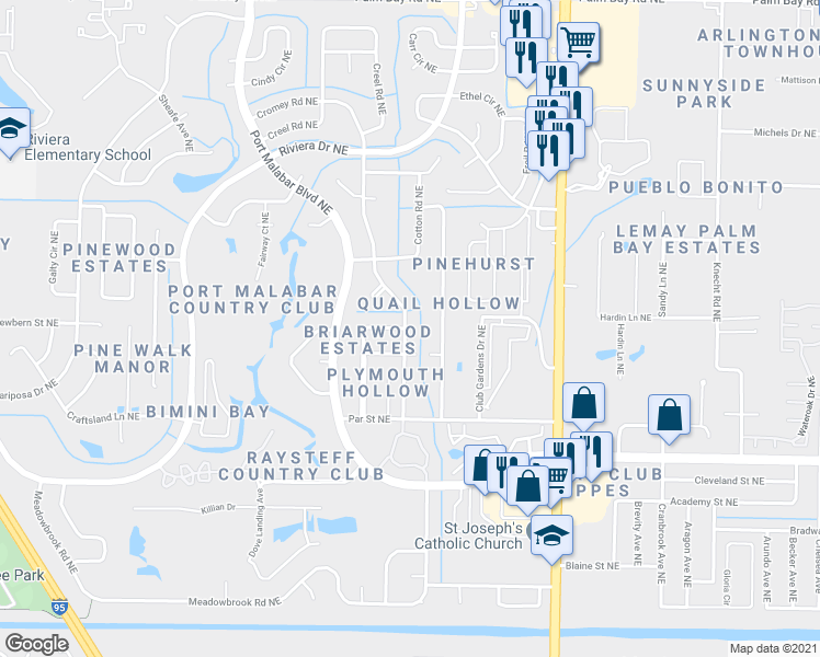 map of restaurants, bars, coffee shops, grocery stores, and more near 1019 Cromey Road Northeast in Palm Bay