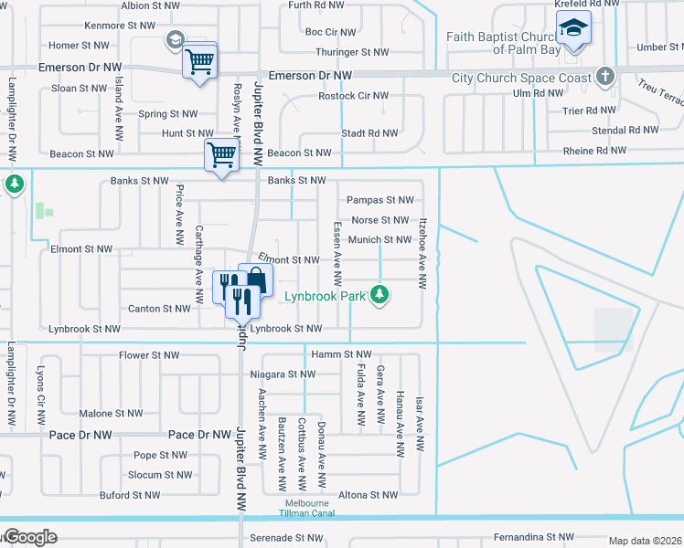 map of restaurants, bars, coffee shops, grocery stores, and more near 1016 Essen Avenue Northwest in Palm Bay