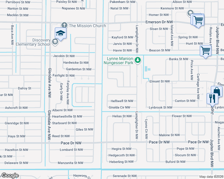 map of restaurants, bars, coffee shops, grocery stores, and more near 1338 Giralda Circle Northwest in Palm Bay