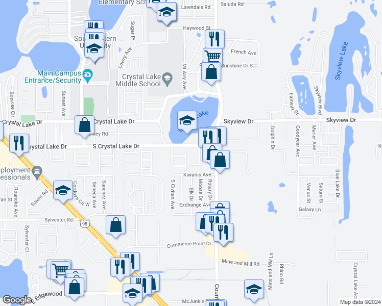 map of restaurants, bars, coffee shops, grocery stores, and more near 2501 South Crystal Lake Drive in Lakeland