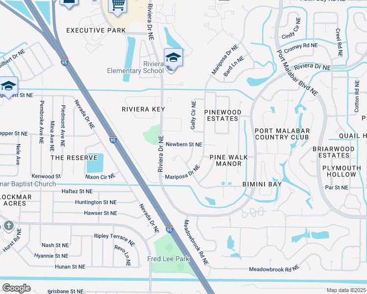 map of restaurants, bars, coffee shops, grocery stores, and more near 1048 Newbern Street Northeast in Palm Bay