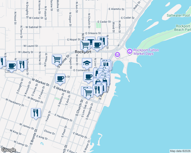 map of restaurants, bars, coffee shops, grocery stores, and more near 110 South Live Oak Street in Rockport