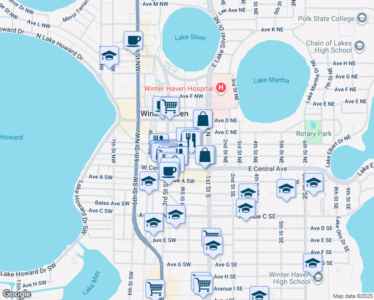 map of restaurants, bars, coffee shops, grocery stores, and more near 195 Avenue A Northwest in Winter Haven