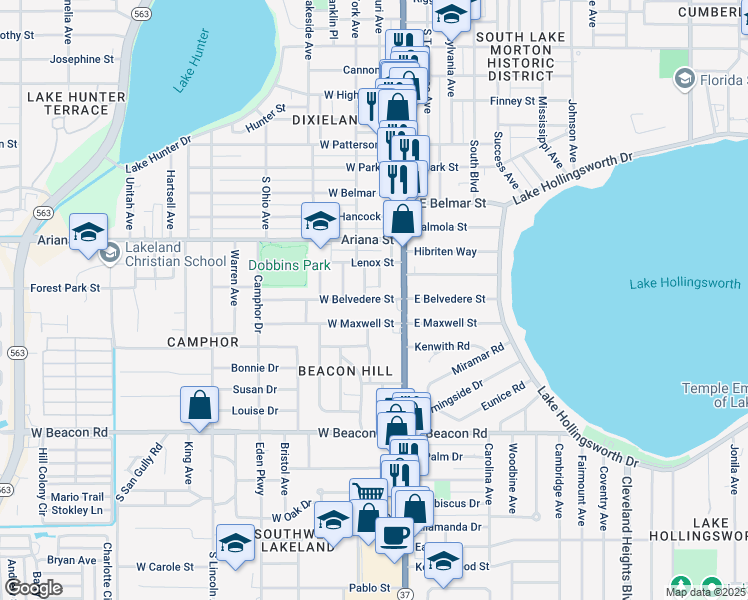 map of restaurants, bars, coffee shops, grocery stores, and more near 207 West Belvedere Street in Lakeland